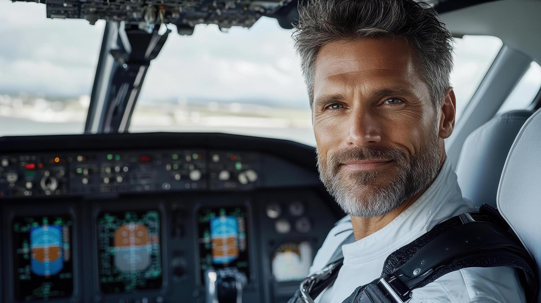 Experienced pilot in uniform smiling in cockpit of aircraft photo