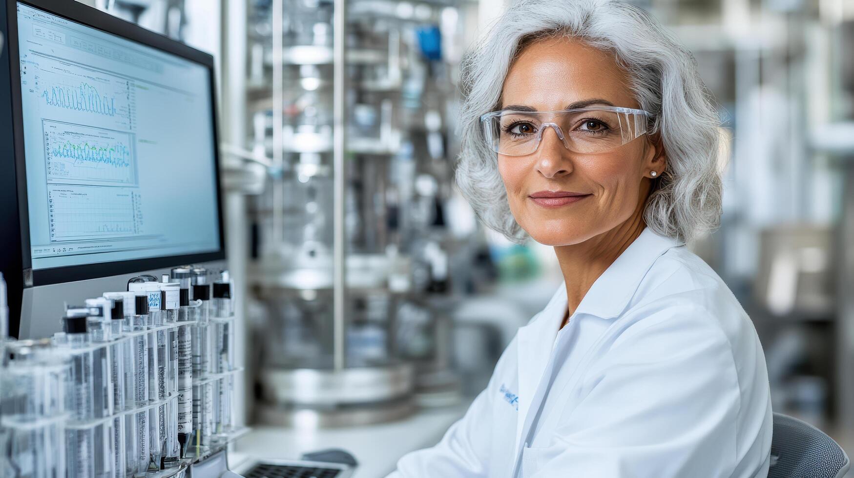 Experienced woman in lab analyzing data with precision and focus photo