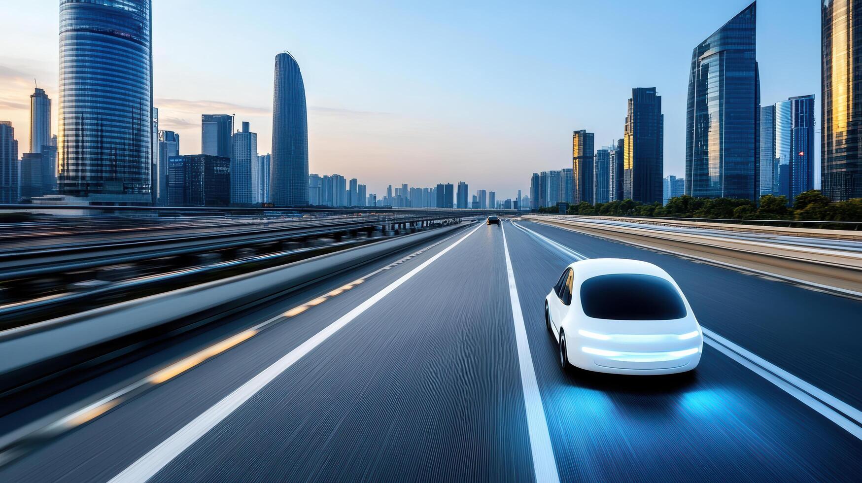 Autonomous vehicle on modern city highway with skyscrapers at sunset photo