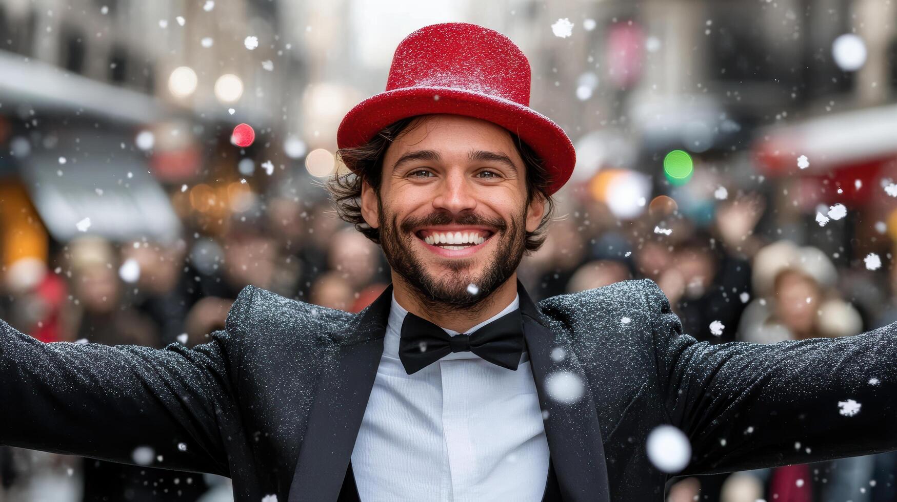 joyful street performer in red hat, entertaining crowd in winter photo