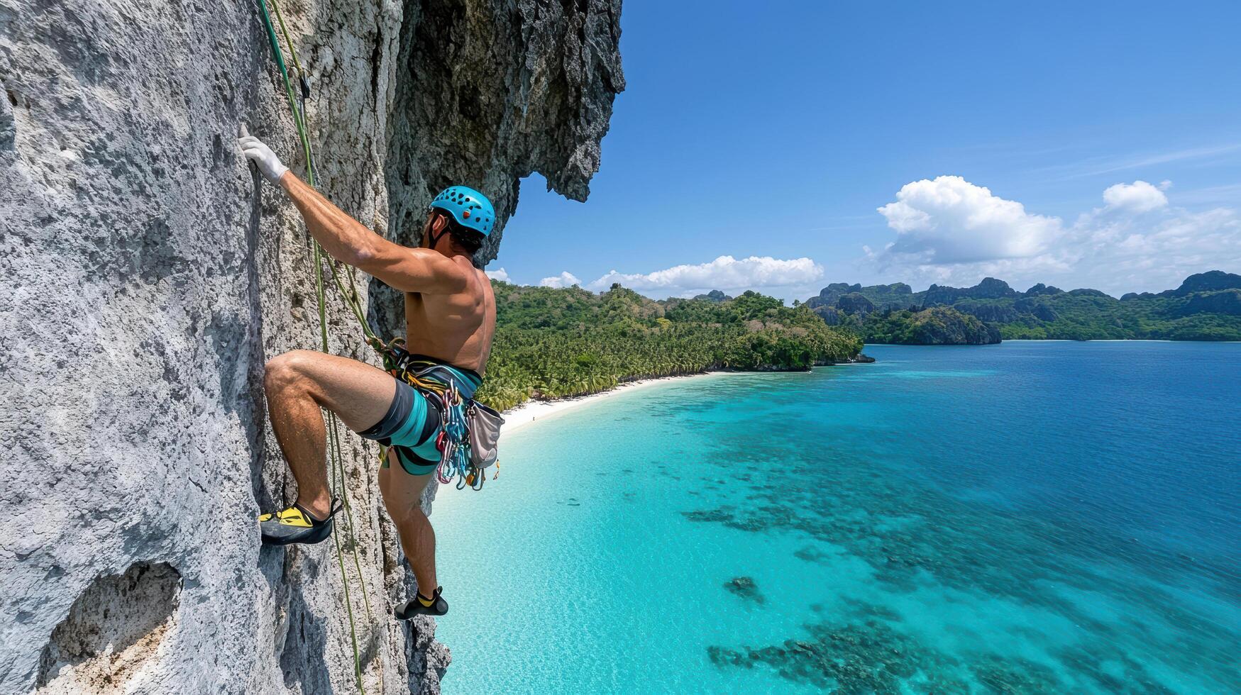 Climber scaling rock face with stunning beach view in El Nido photo