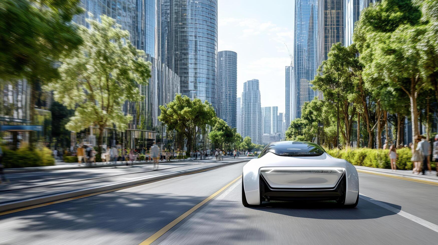 The car is driving down the street in front of tall buildings photo