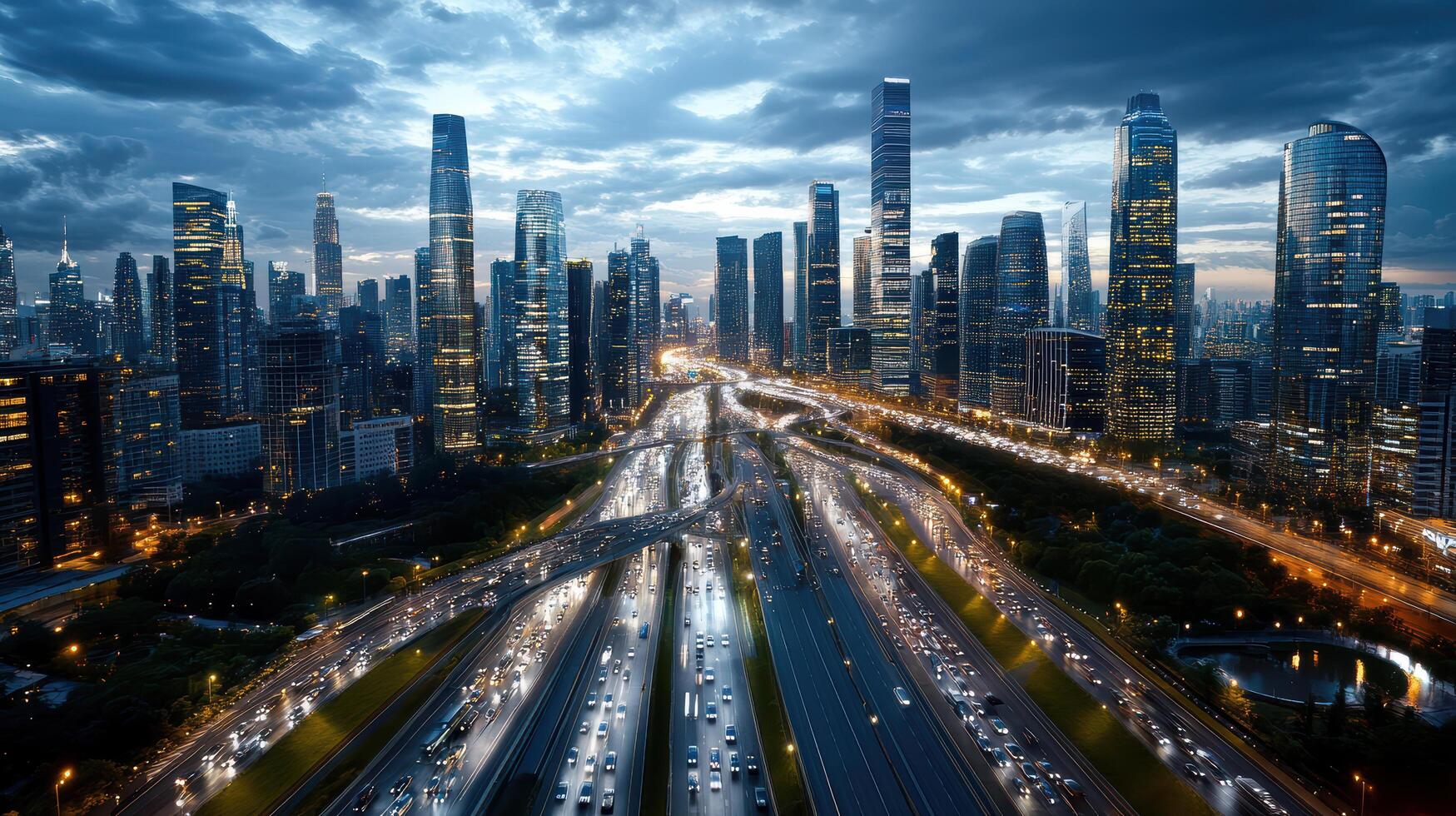 An aerial view of a city at night with traffic photo