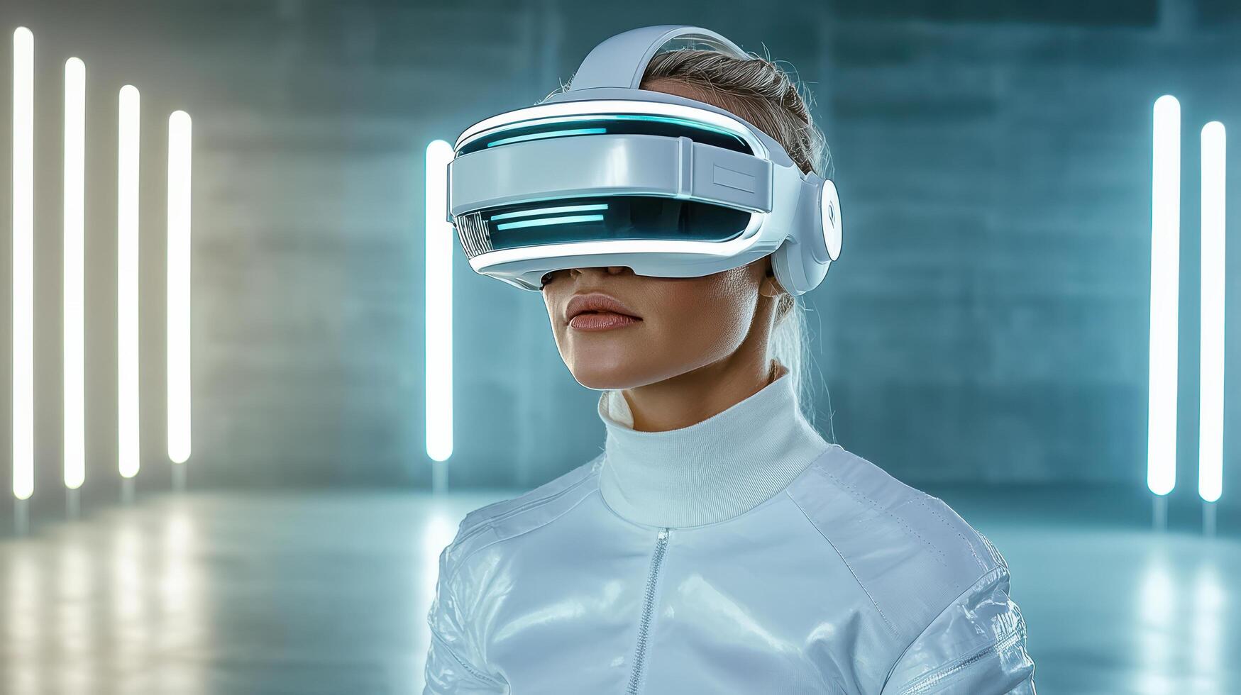 A woman wearing a white suit and a virtual reality headset photo