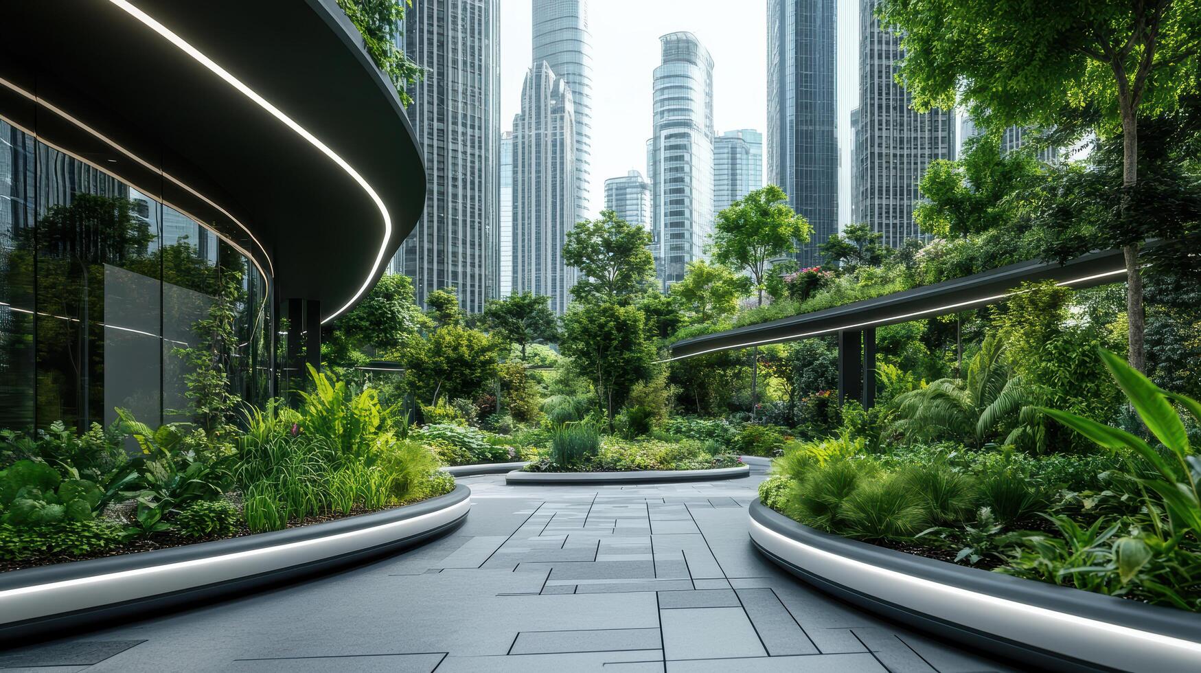 Modern city landscape with green plants and buildings photo