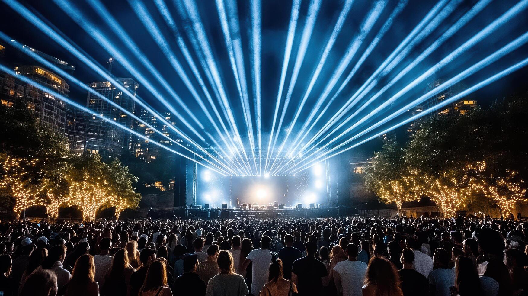 A crowd of people at a concert with lights shining on them photo