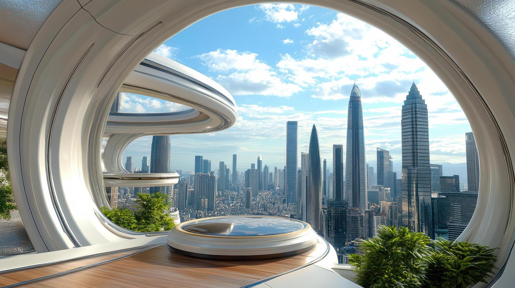 A futuristic city with a futuristic looking building photo