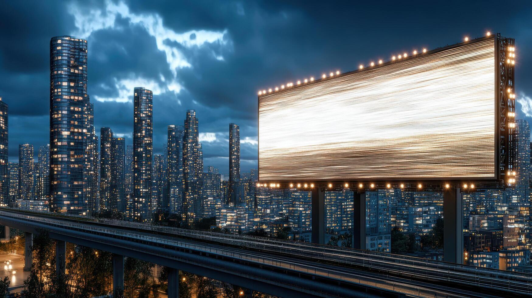An empty billboard on a highway at night photo
