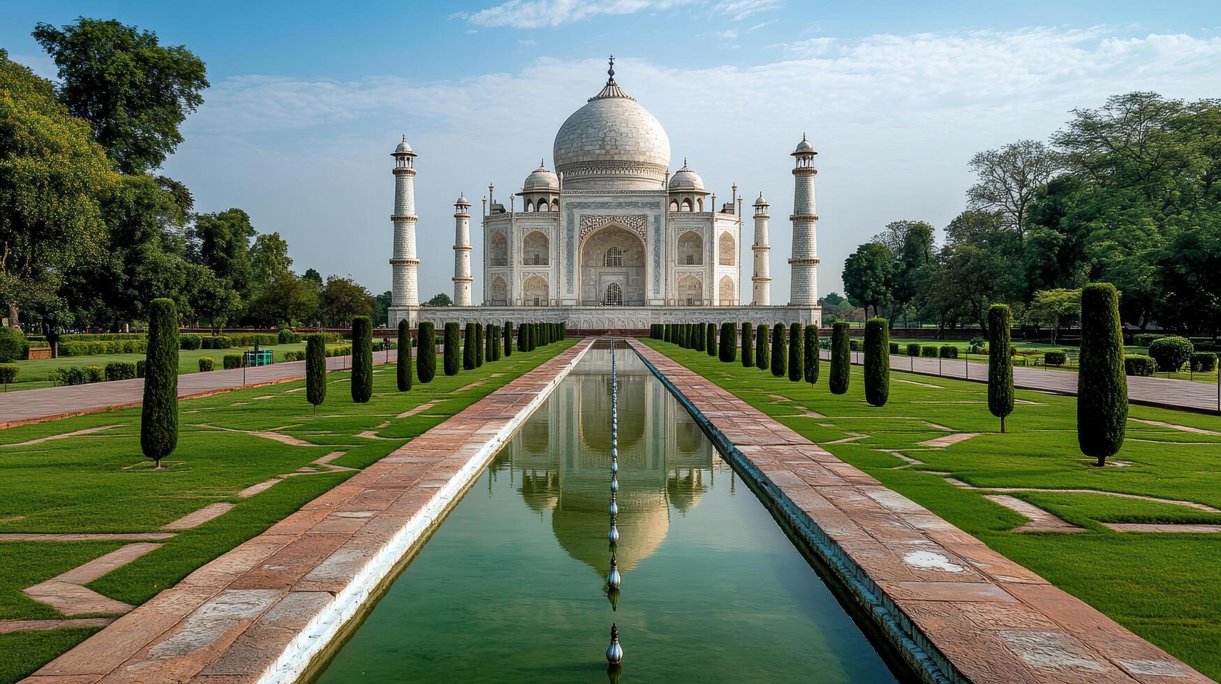Majestic Taj Mahal at sunrise reflecting in water, surrounded by lush gardens photo