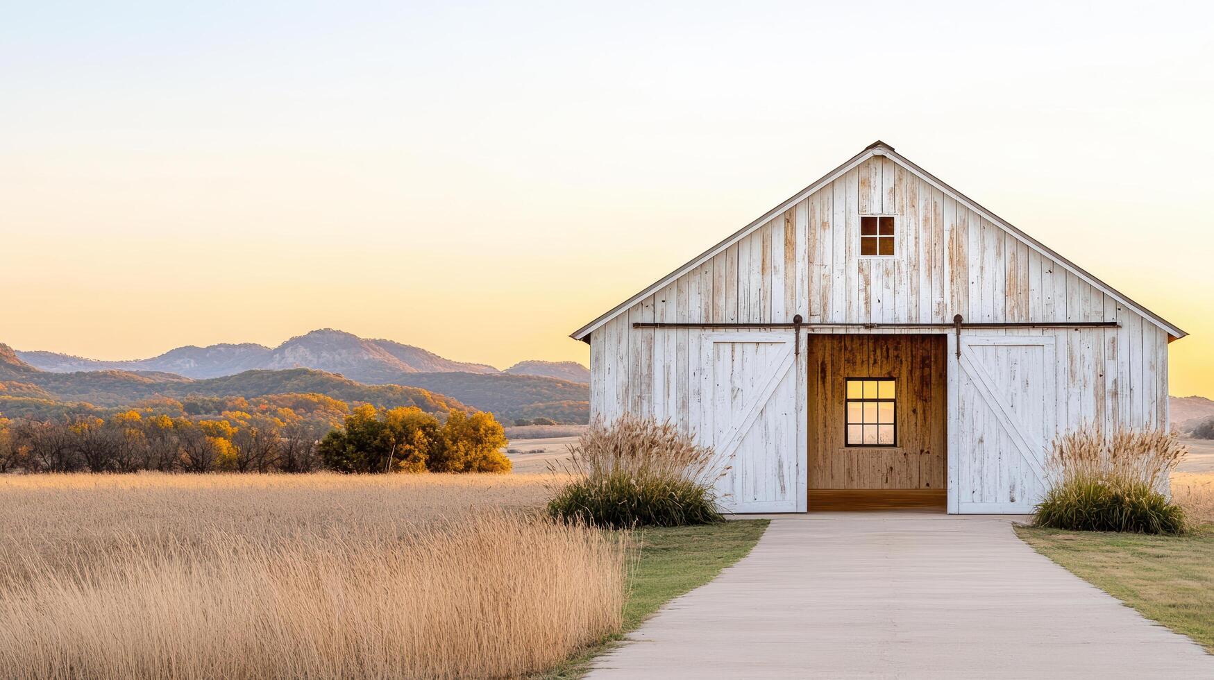 A white barn sits in the middle of a field photo