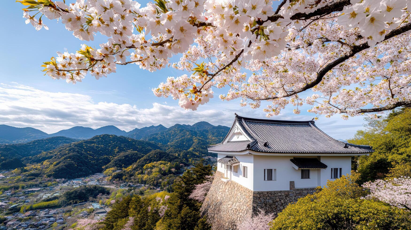 Scenic view of historic castle surrounded by cherry blossoms and mountains photo
