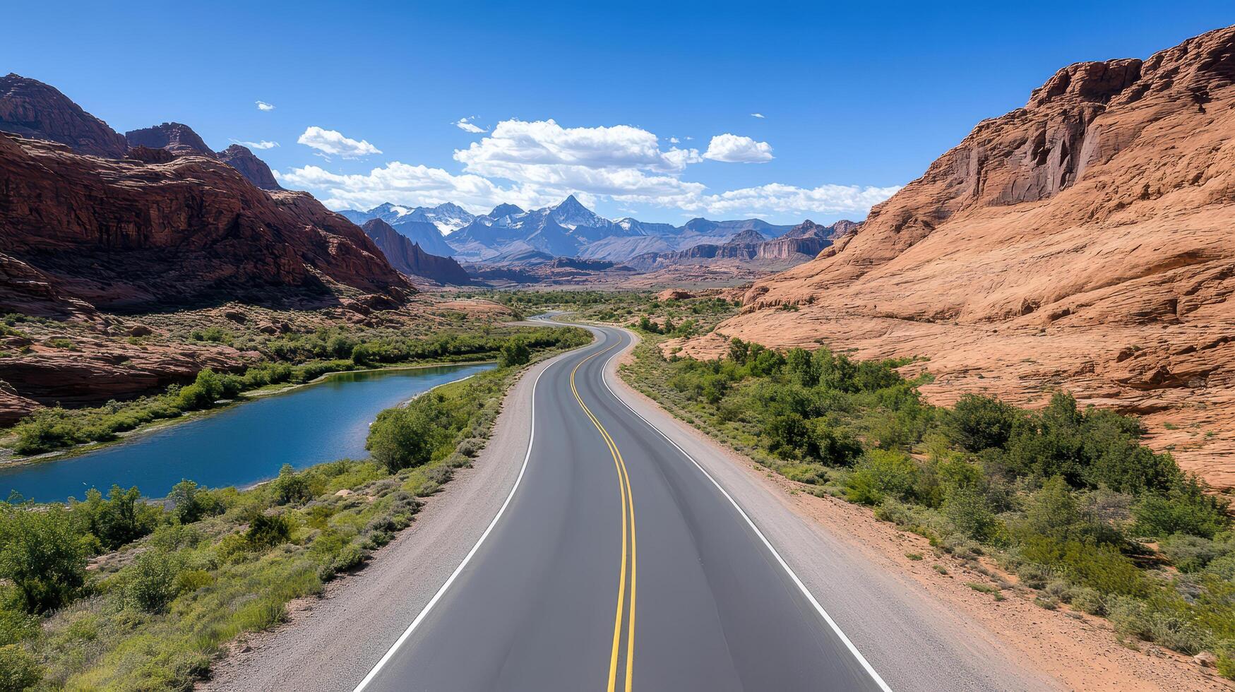 A highway runs through the mountains with a river in the middle photo
