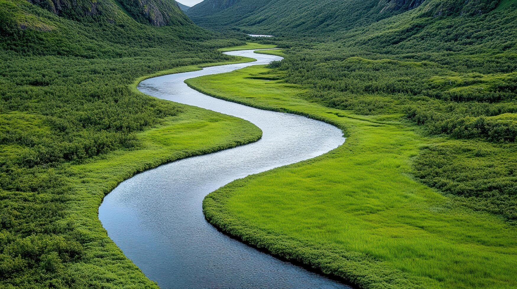 scenic view of winding river flowing through lush green valley photo