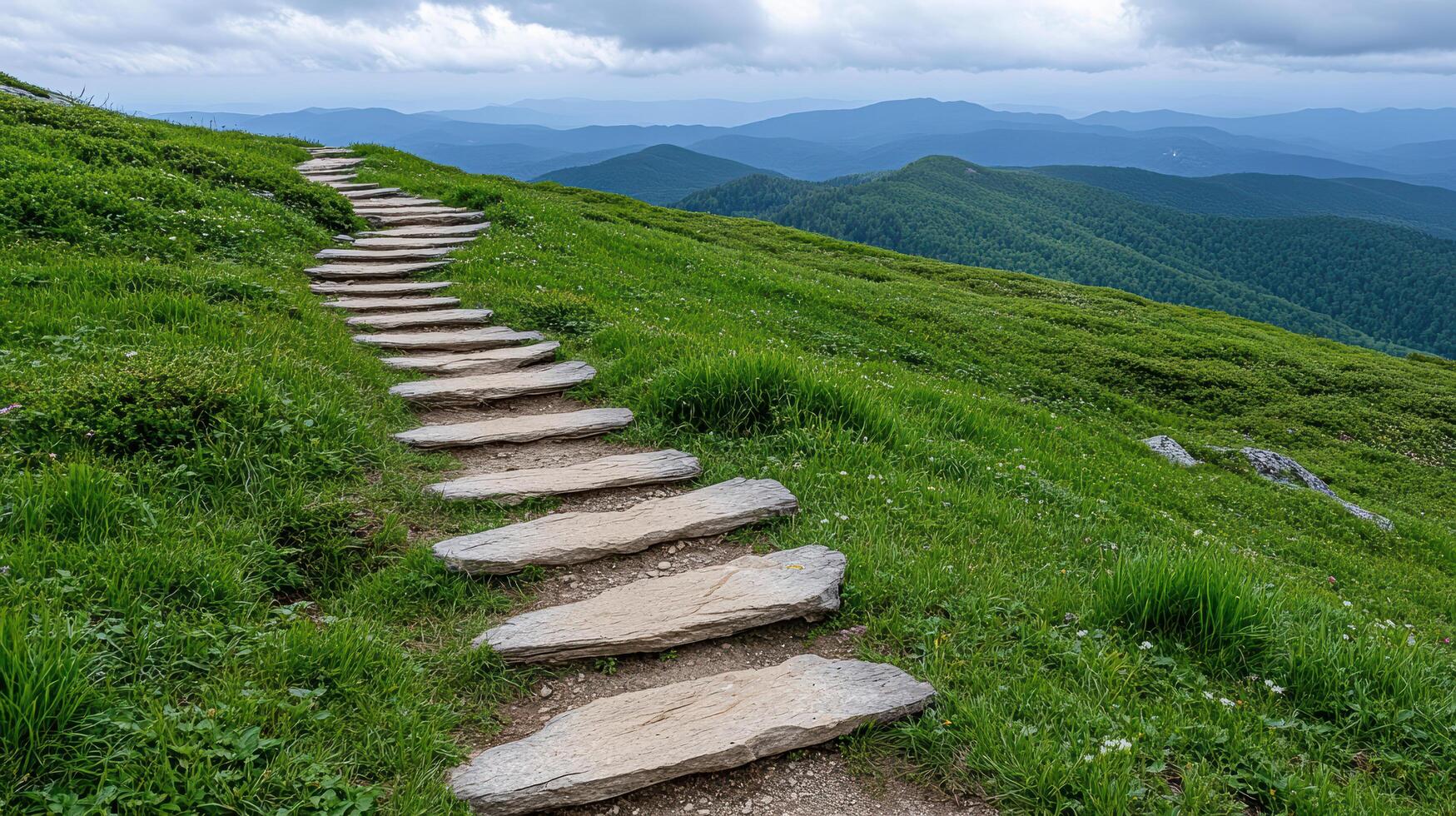 Scenic view of winding stone path through lush green hills and mountains photo