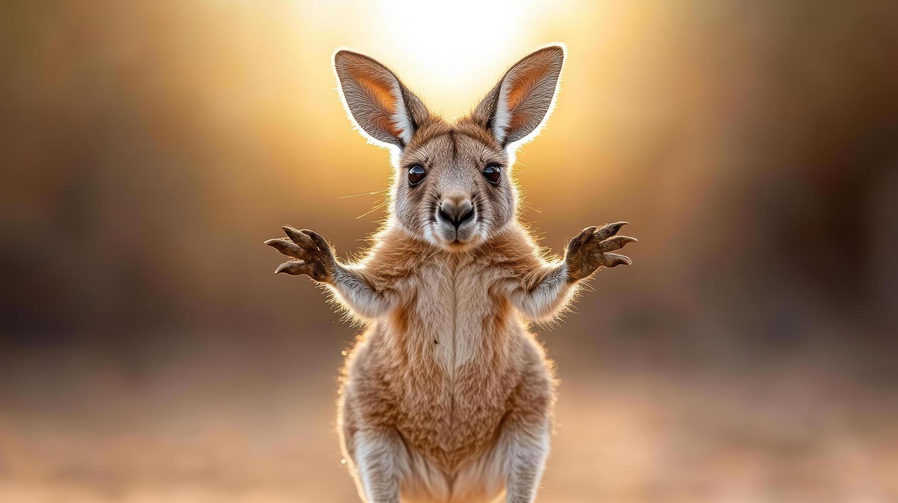 A kangaroo standing on its hind legs with its hands up photo