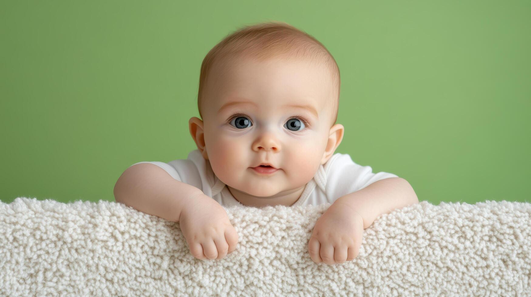 A baby is looking over a white blanket photo
