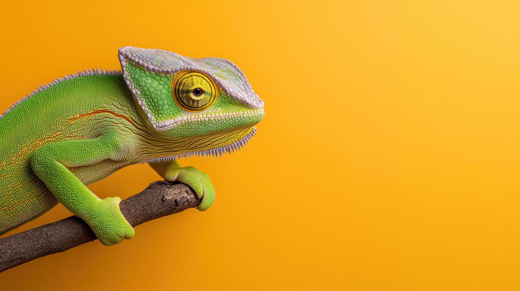 A green chameleon on a branch with a yellow background photo