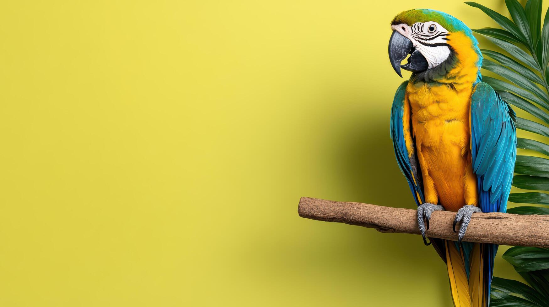A colorful parrot sitting on a branch with leaves photo