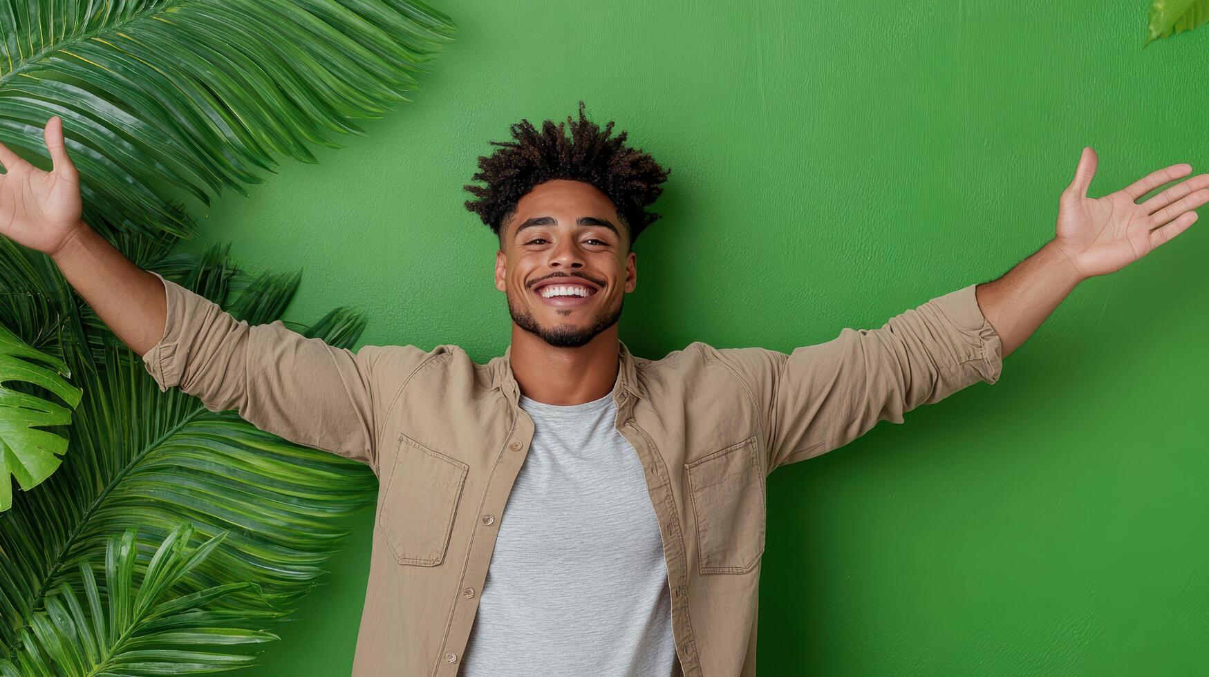 A man is standing in front of green plants and raising his arms photo