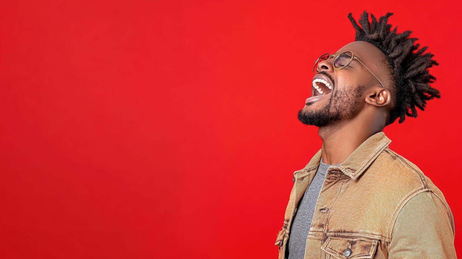 A man with dreadlocks is laughing and smiling photo