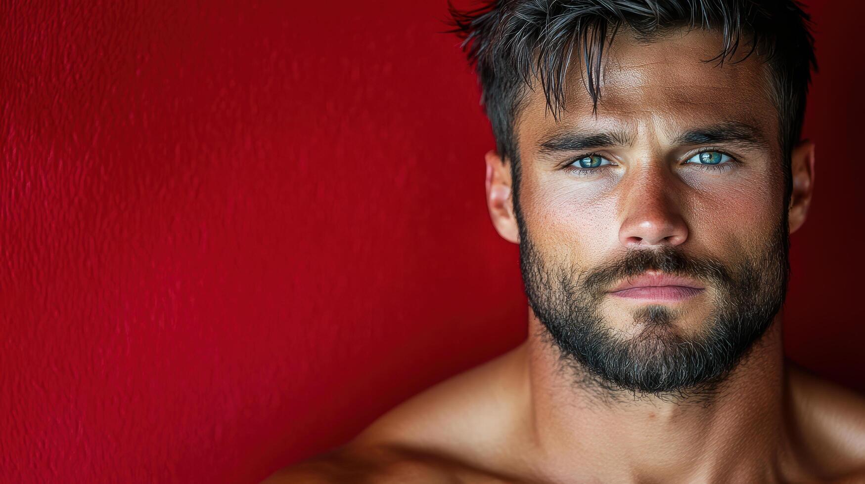 A shirtless man with a beard and blue eyes photo