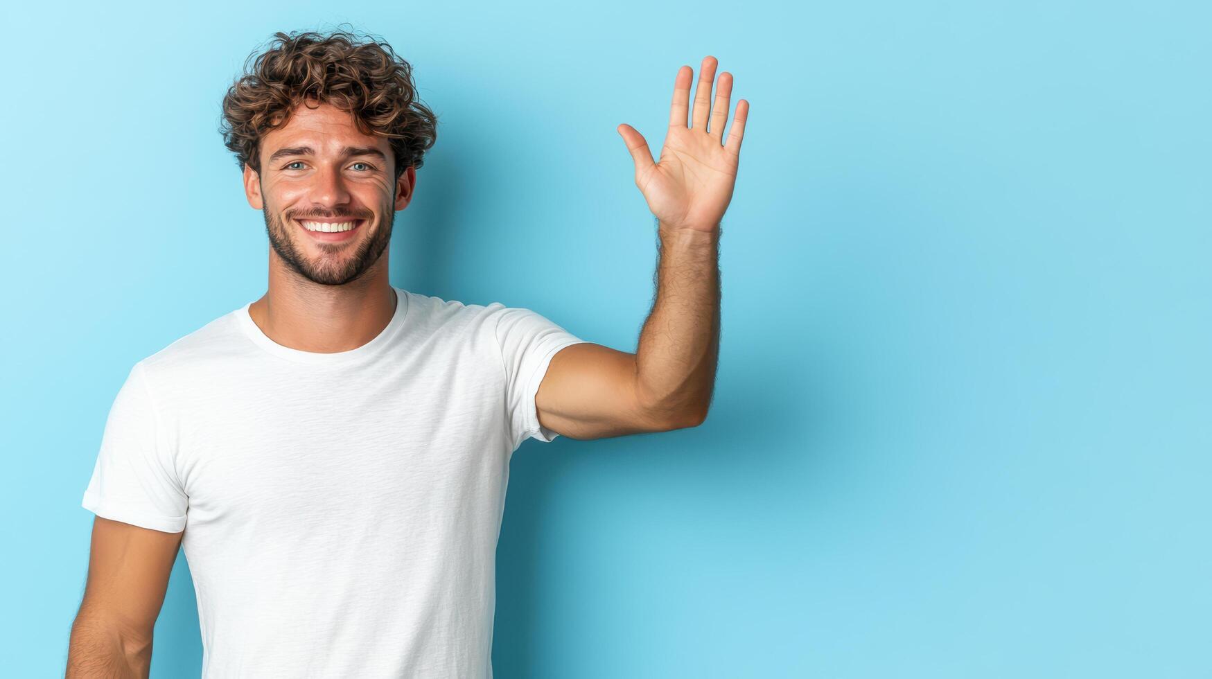 Smiling man waving his hand in front of blue background photo