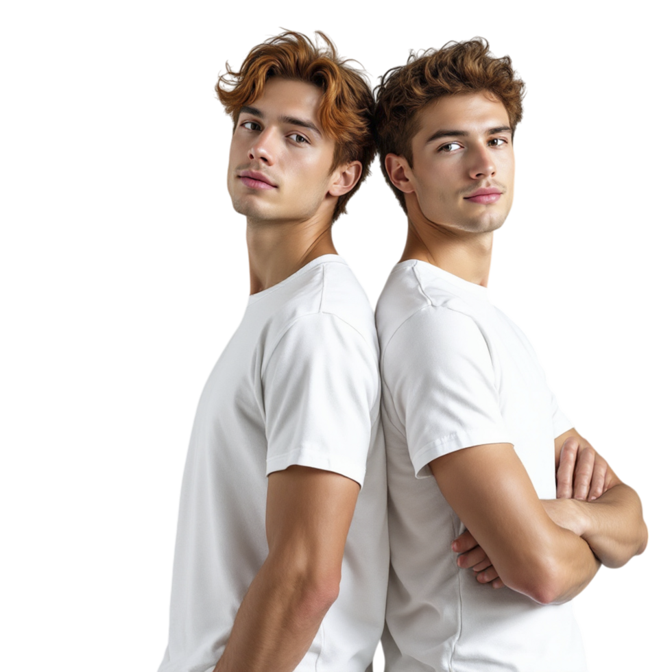 Two young men in white t - shirts standing side by side png