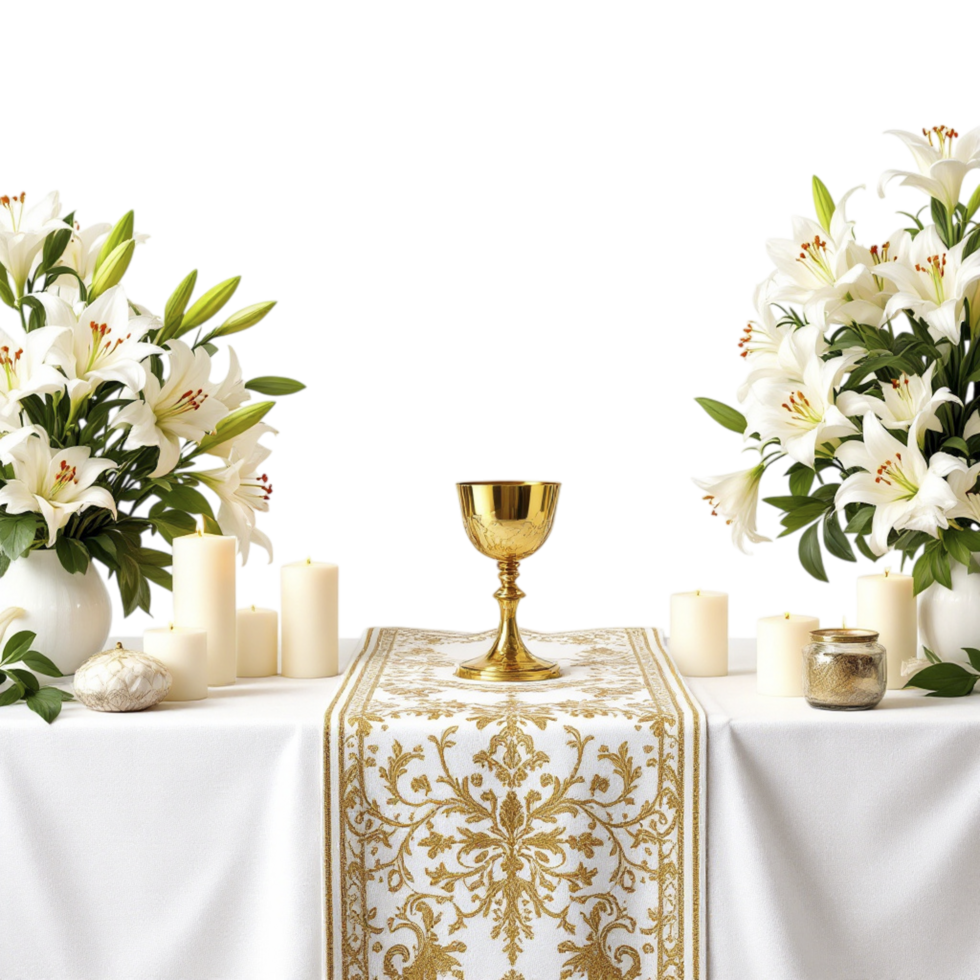 A table with white flowers and candles png