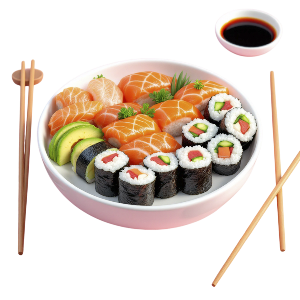 Sushi and chopsticks on a white plate png
