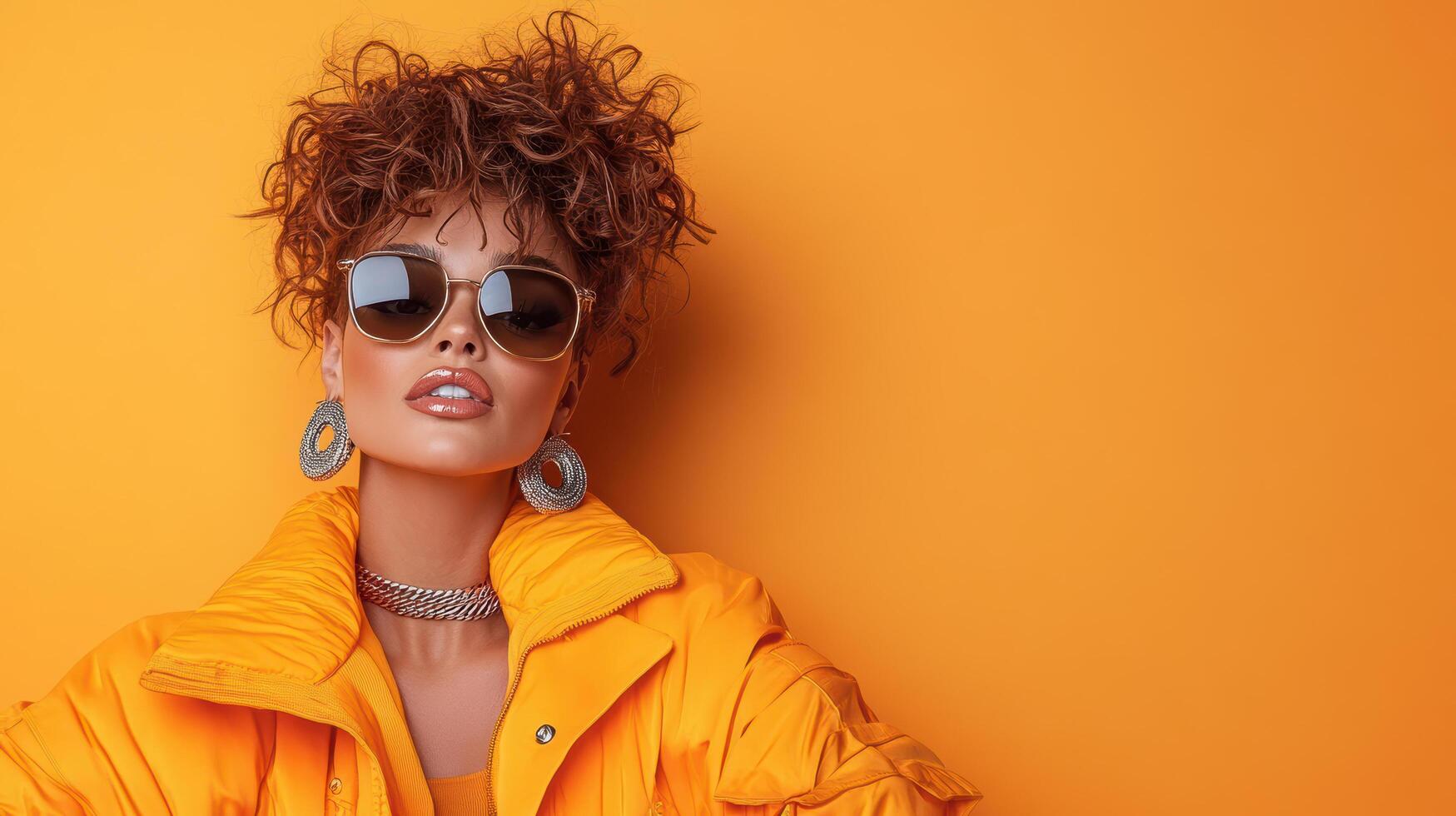 Fashion portrait of a beautiful woman in sunglasses and yellow jacket on orange background photo