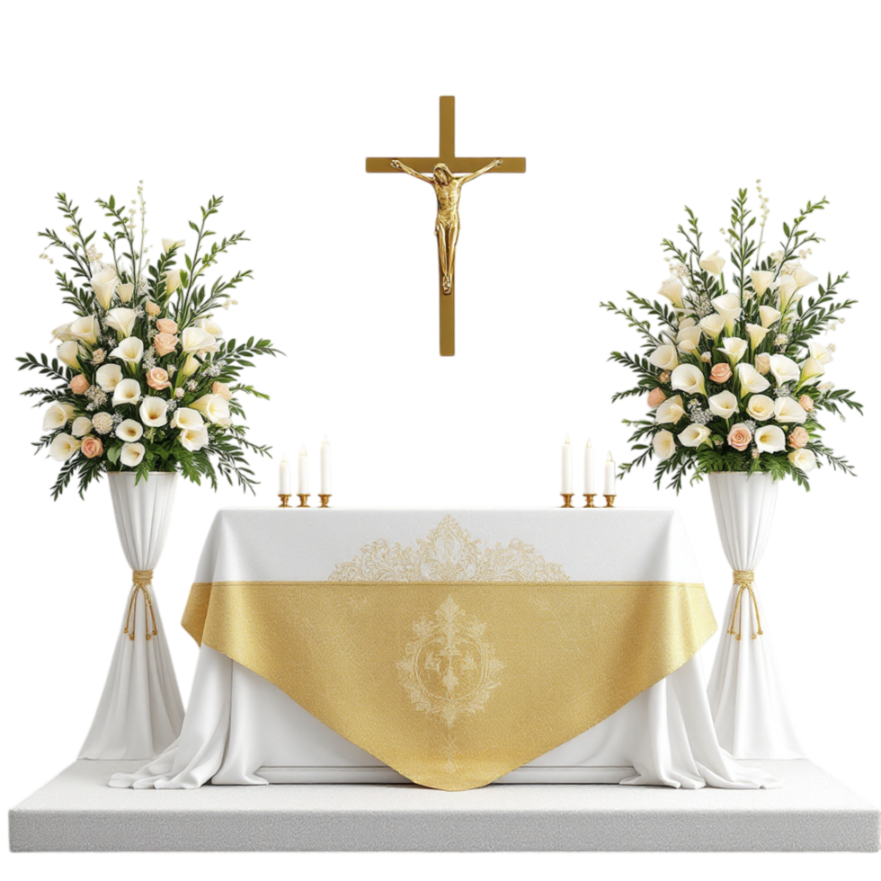 A white altar with gold and white flowers png
