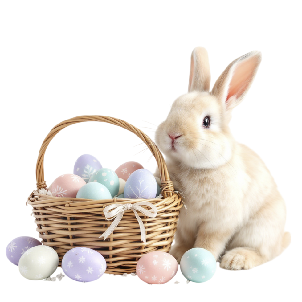 A white rabbit sitting next to a basket full of easter eggs png