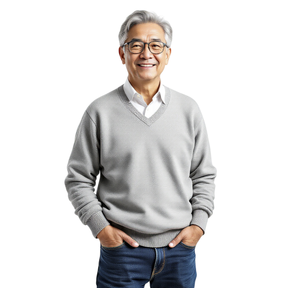 An asian man in a sweater and jeans png