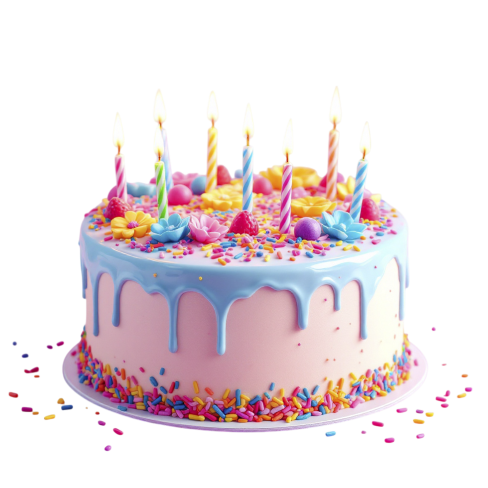 A birthday cake with colorful sprinkles and lit candles png