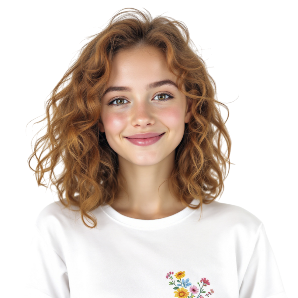 A girl with curly hair wearing a white t - shirt with a floral design png