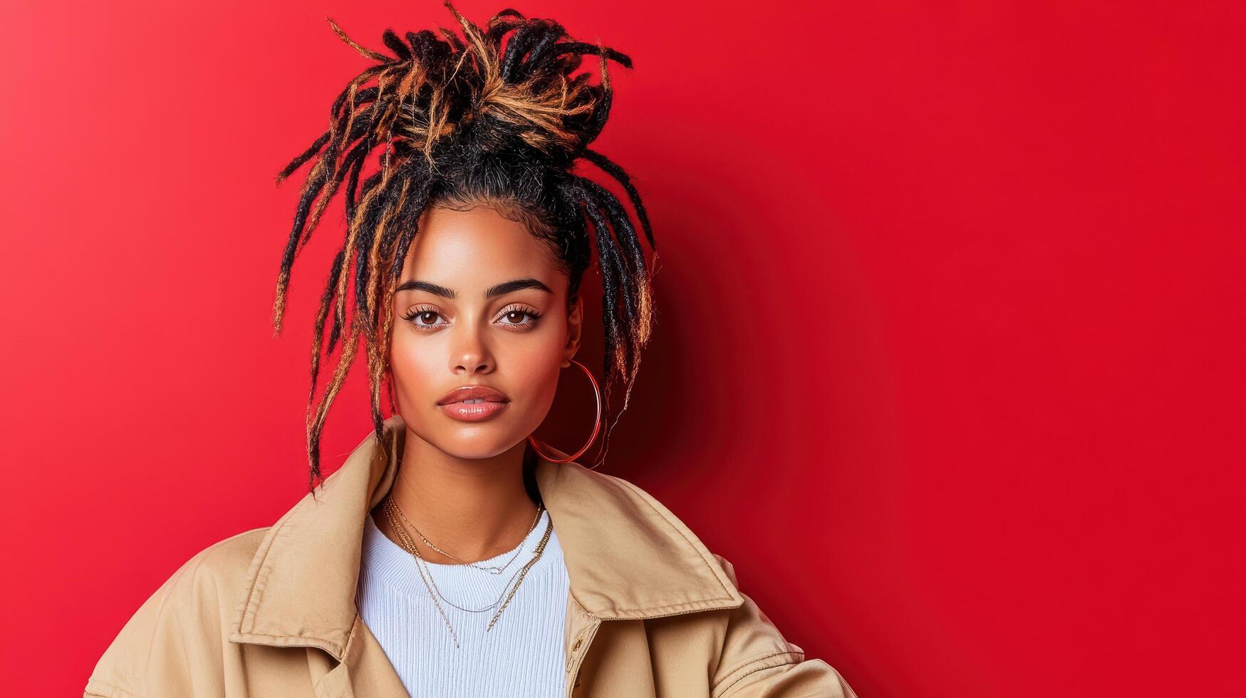 A young woman with dreadlocks and a jacket photo