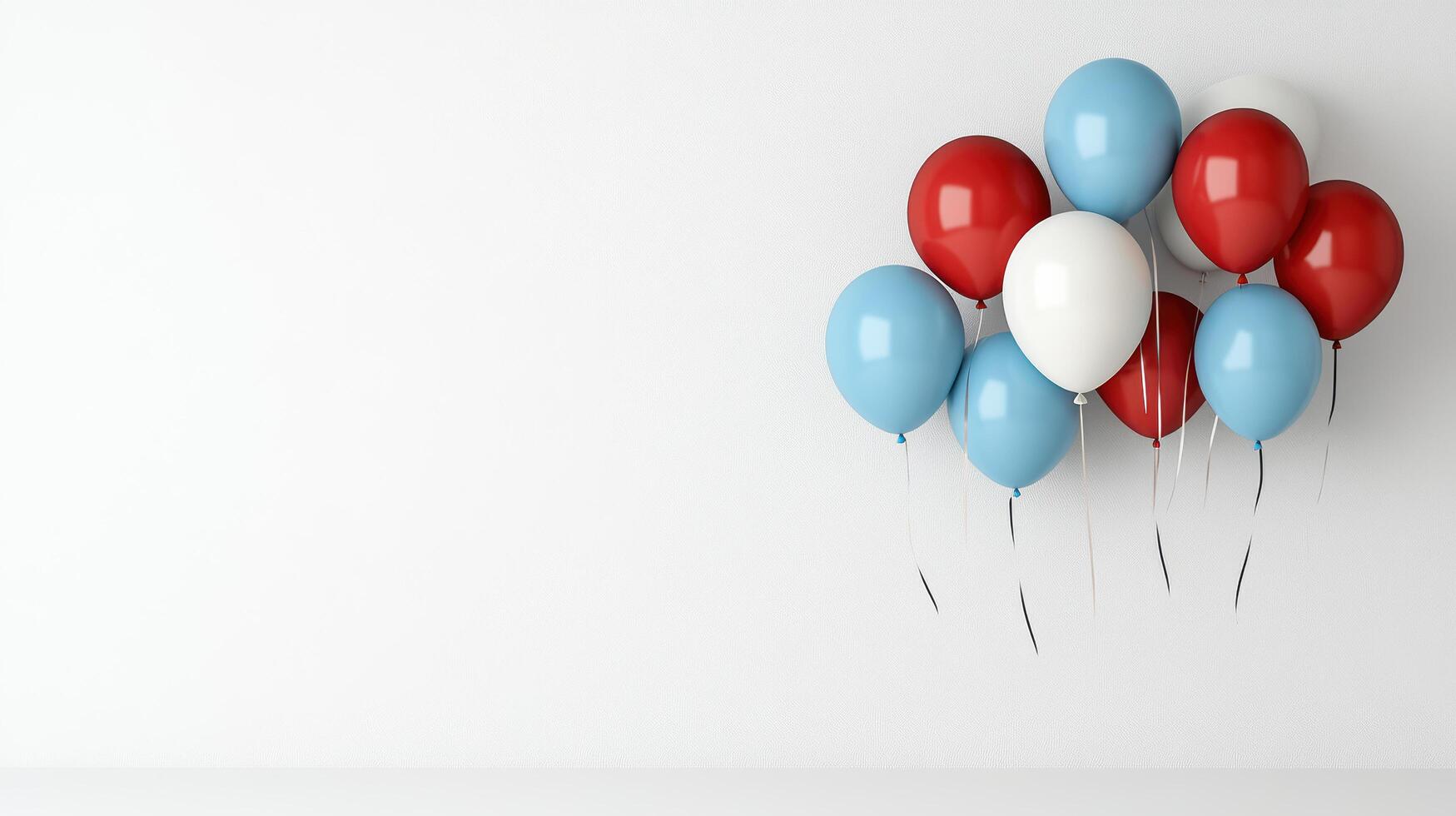 collection of red, white, and blue balloons floating against white wall photo