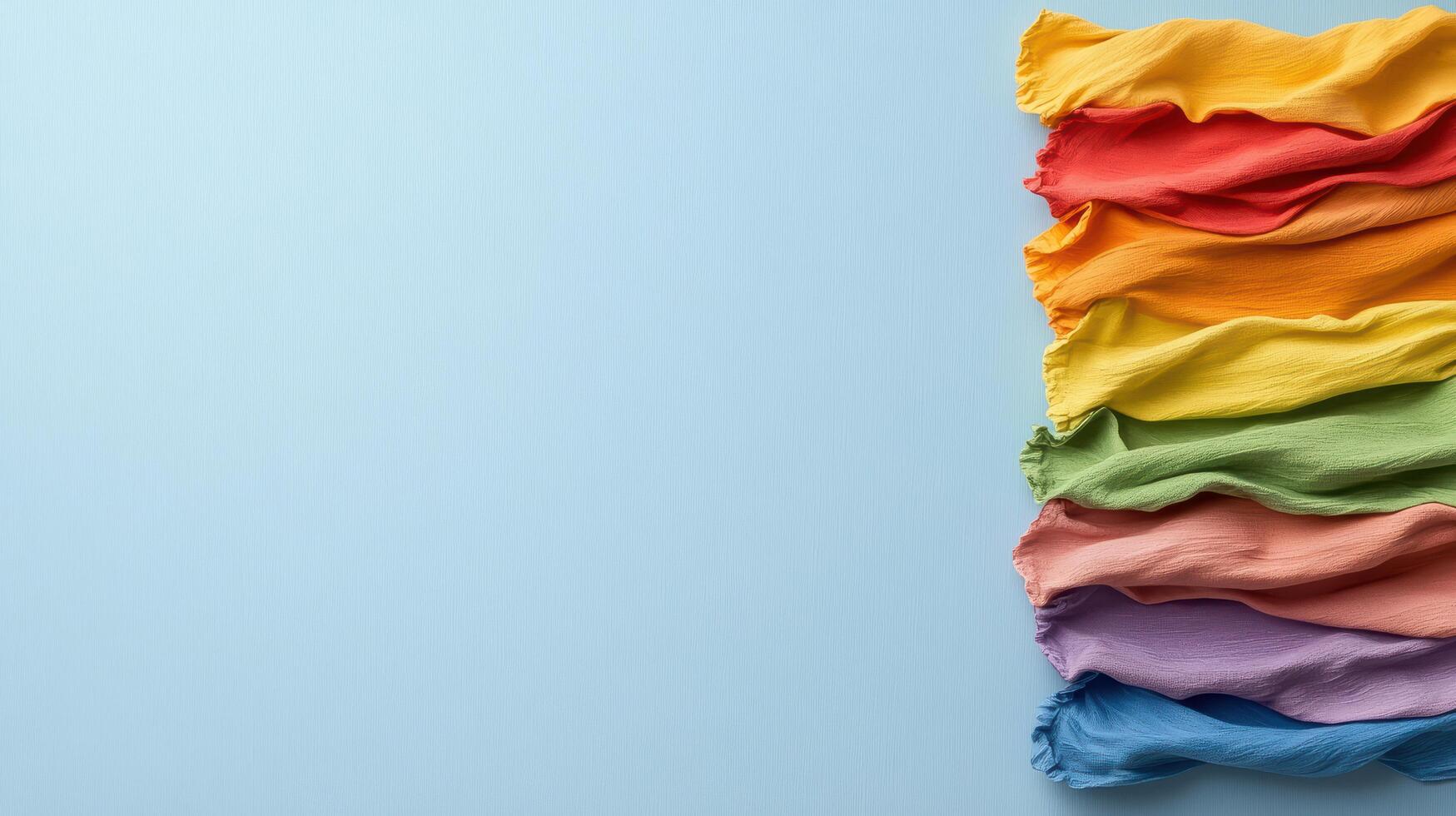 Colorful fabric strips arranged in rainbow pattern on blue background photo