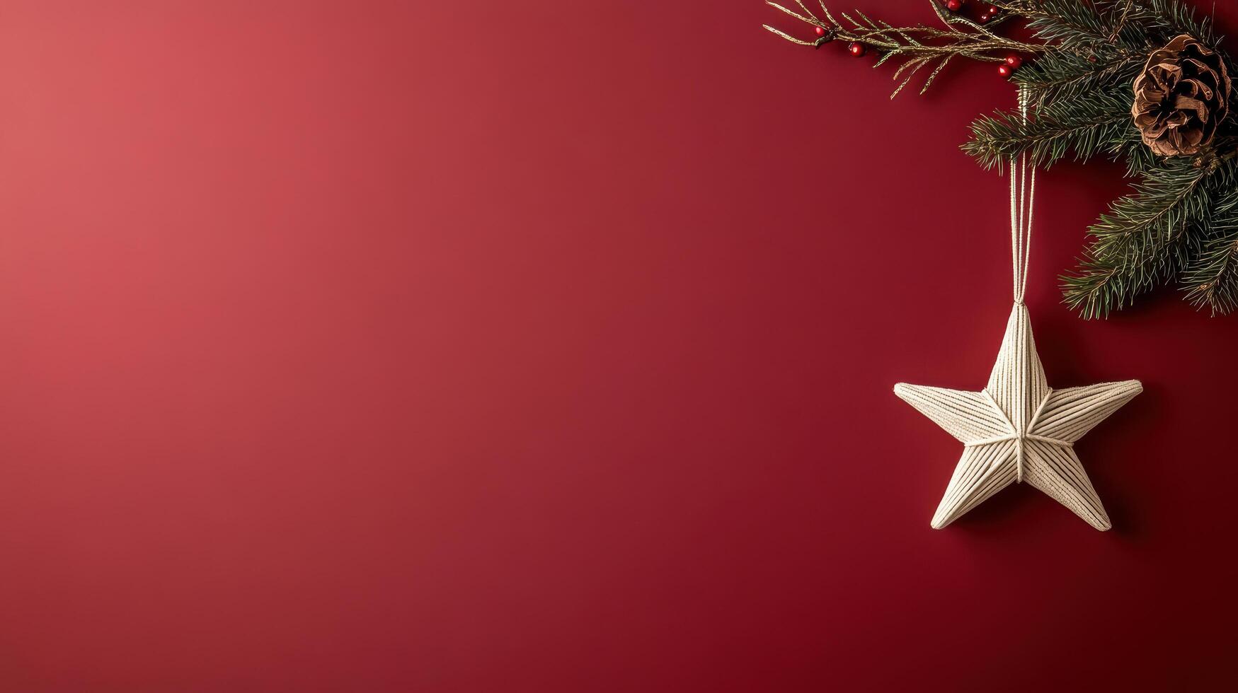 star ornament hanging on deep red background with pine branches photo