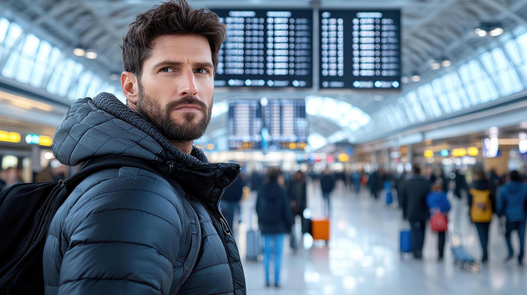 man in crowded airport looks around, observing his surroundings photo