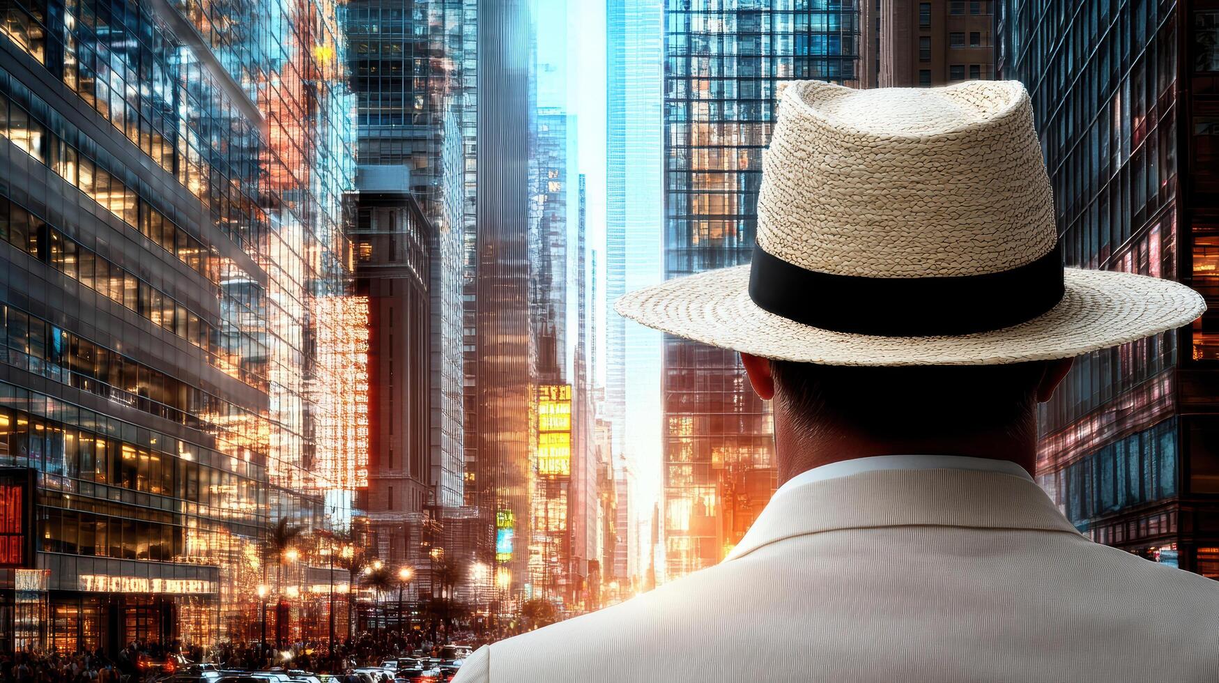 man in white suit and straw hat stands in bustling city, blending in photo