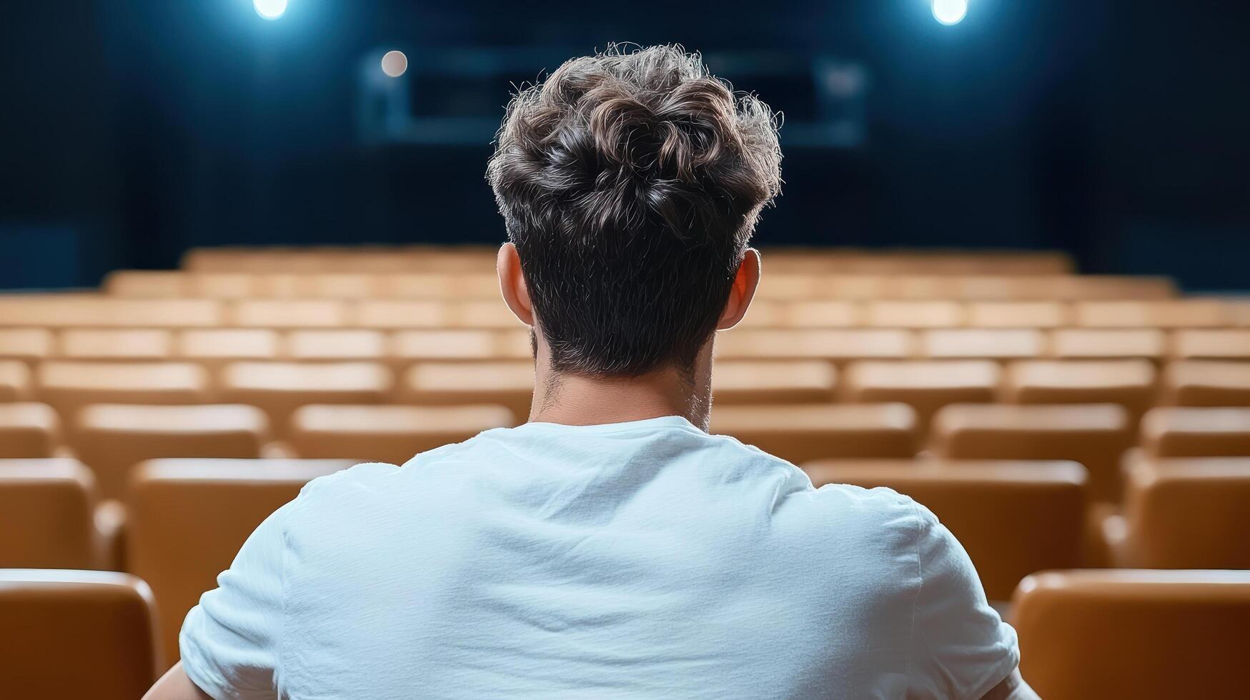 man sitting in theater, observing empty seats with curiosity photo