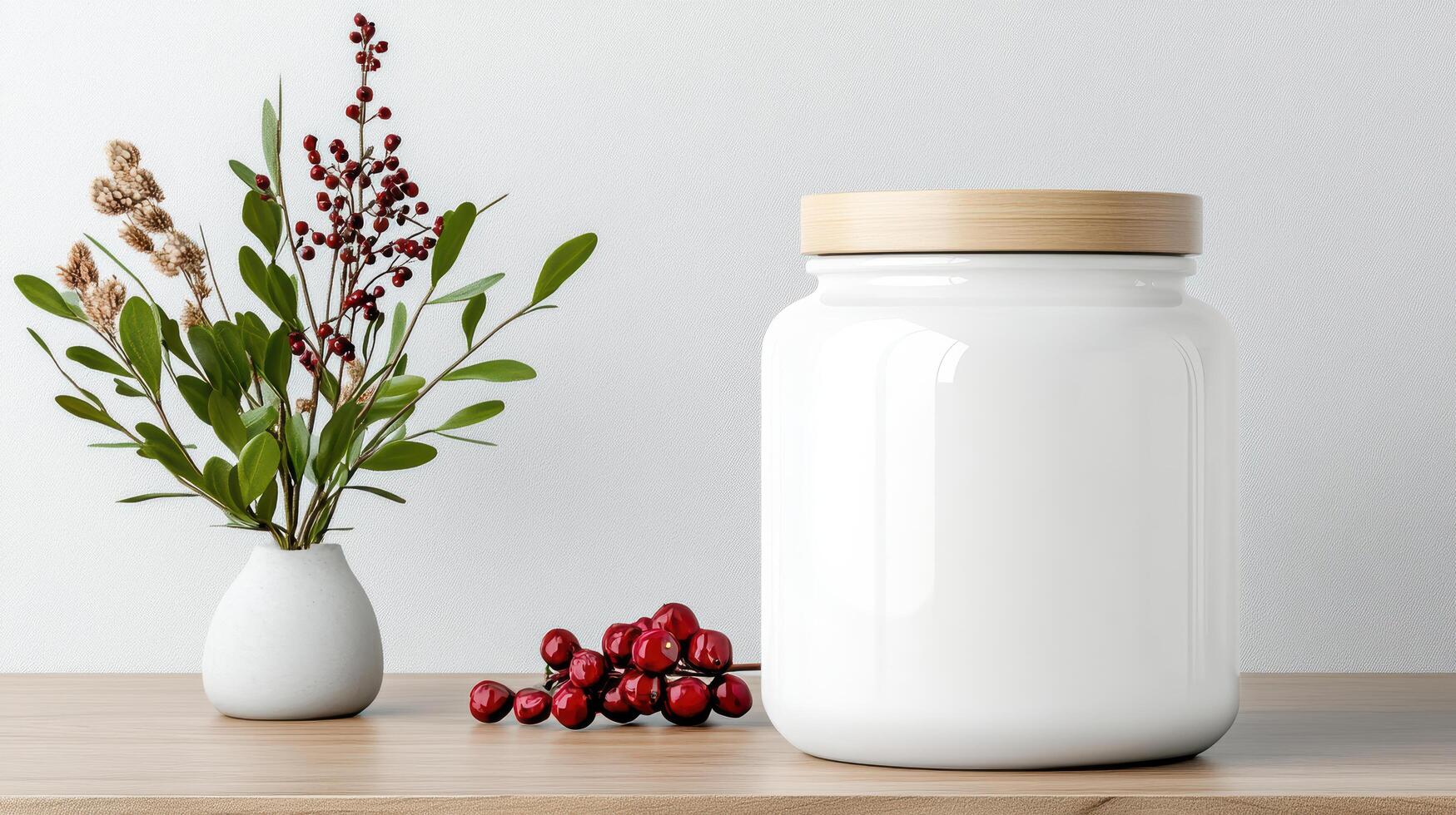 white jar with wooden lid beside vase of greenery and red berries photo