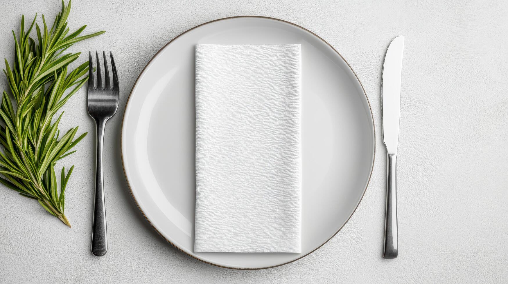 simple white plate with folded napkin, fork, and knife, garnished with fresh herbs photo