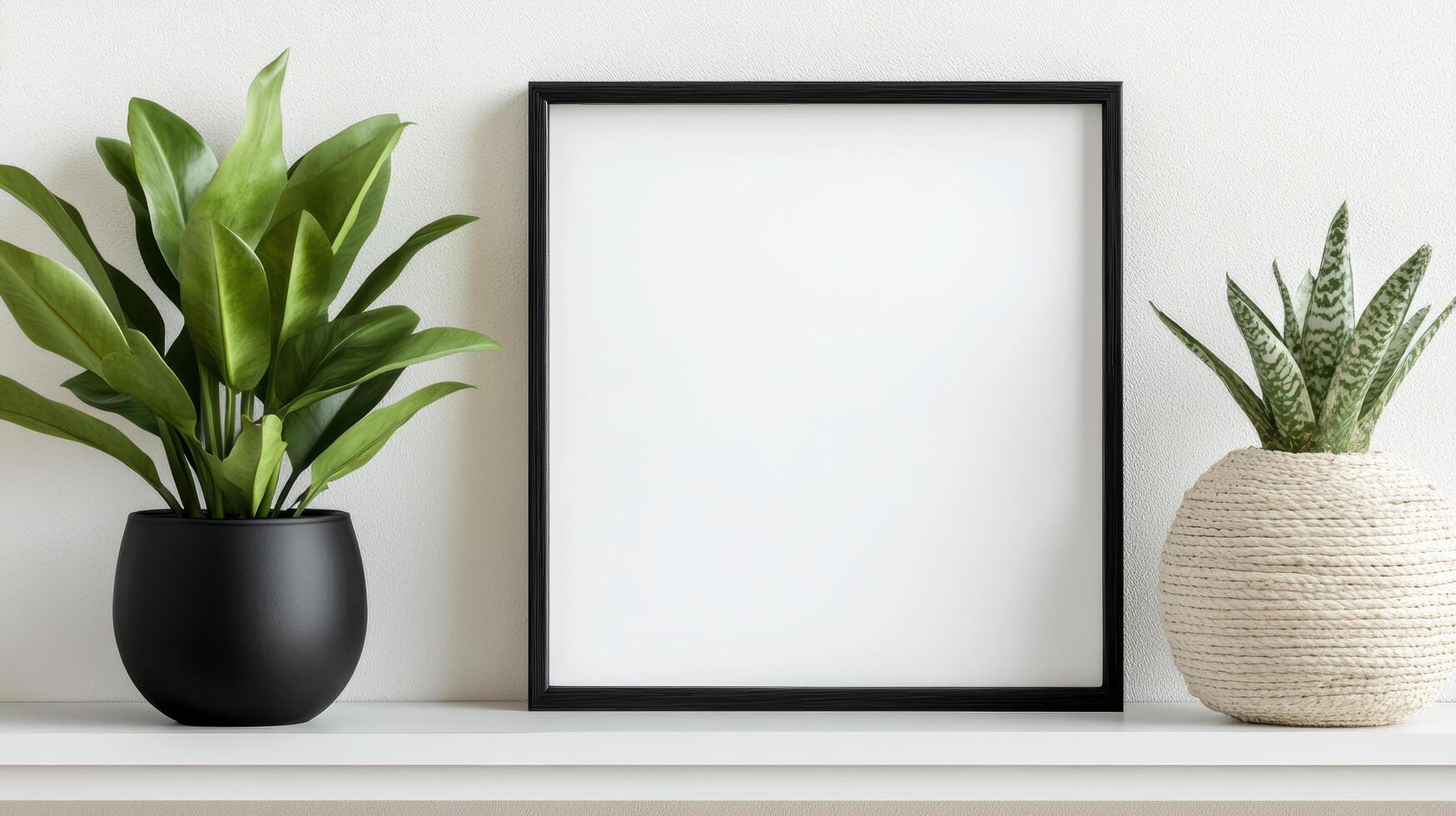 Blank photo frame on white shelf with green plants, creating serene atmosphere