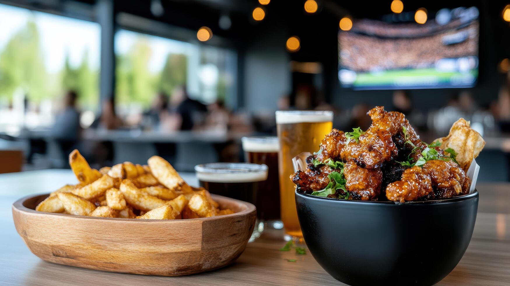Delicious food and drinks at lively sports bar with fans enjoying photo