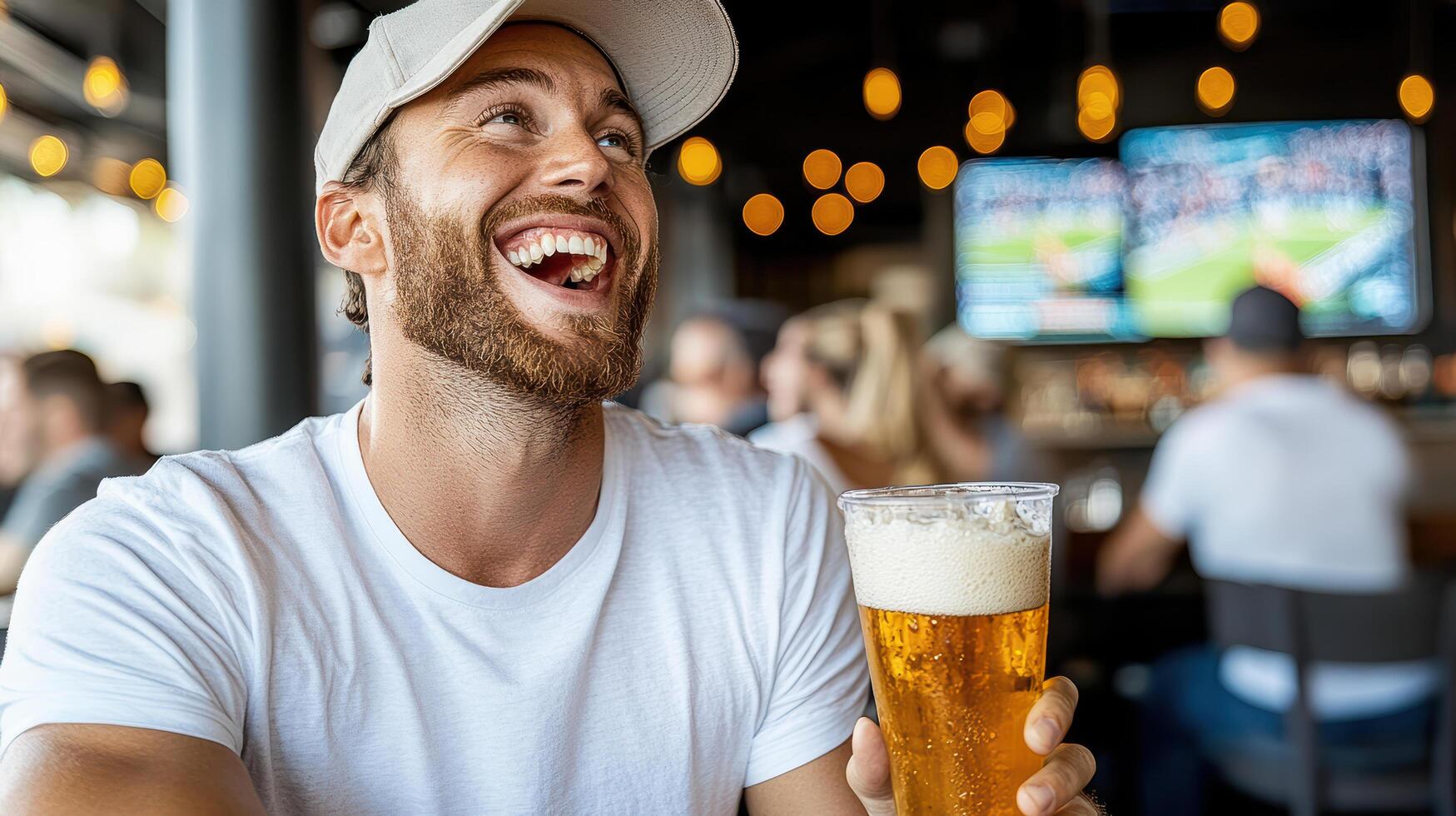 Happy man enjoying beer in lively sports bar with friends photo