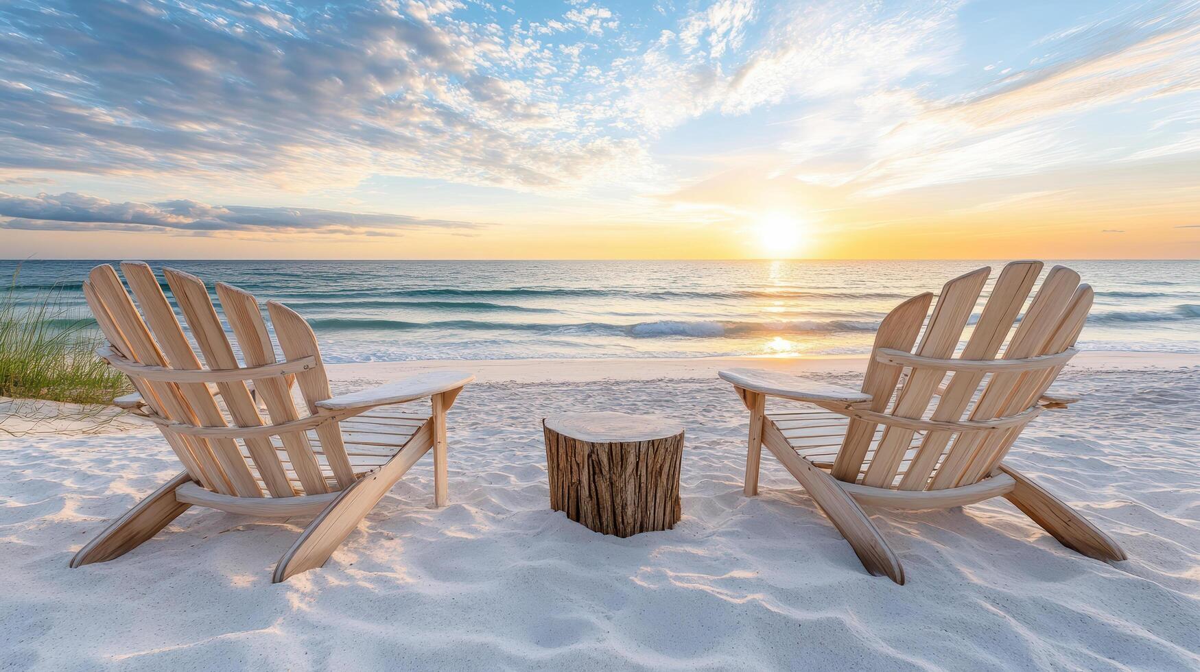 Adirondack chairs on serene beach at sunrise, soft waves lapping gently photo