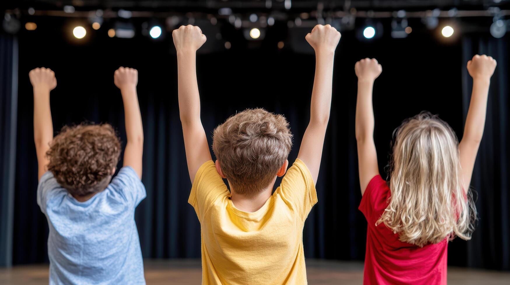 Empowered youth celebrating on stage with raised fists, showcasing unity and joy photo