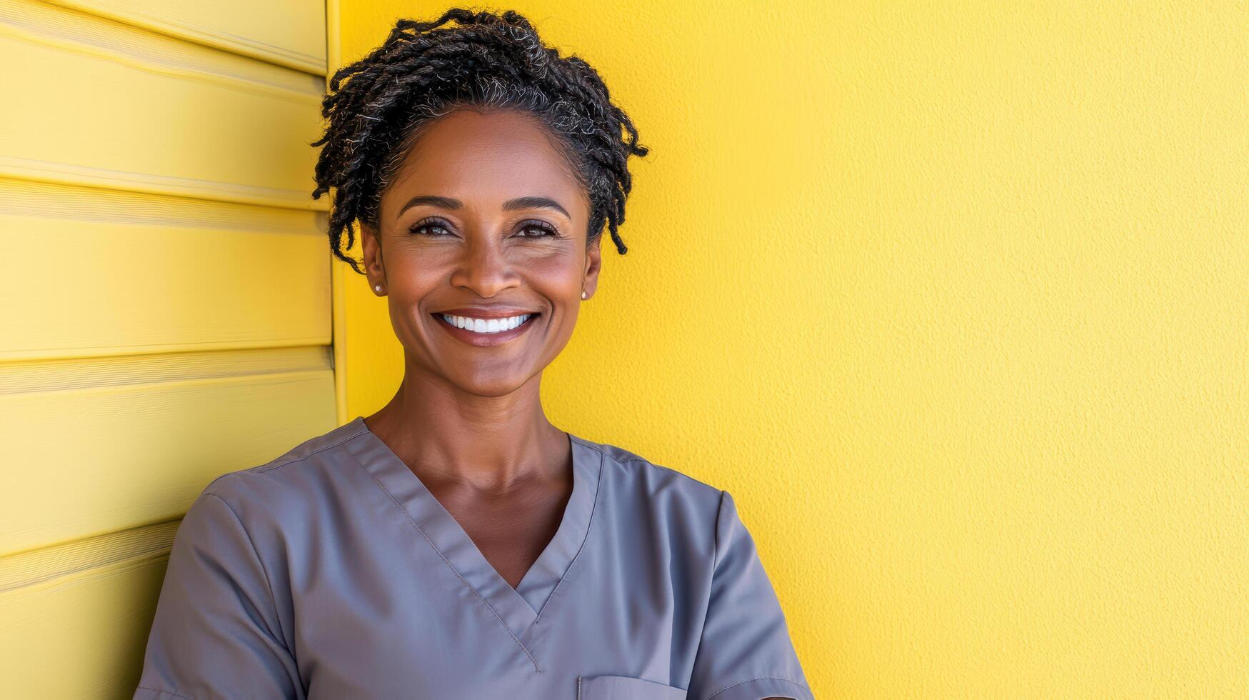 smiling nurse in scrubs stands against bright yellow wall, radiating positivity photo